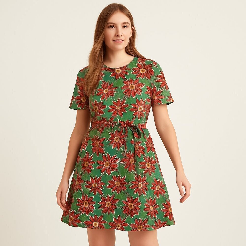Warehouse Floral Print Mini Flowy Dress Size 6 Belted Short Sleeve Crew Neck